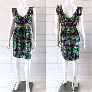 Tibi Multicolor Geometric Print V-Neck Silk Dress